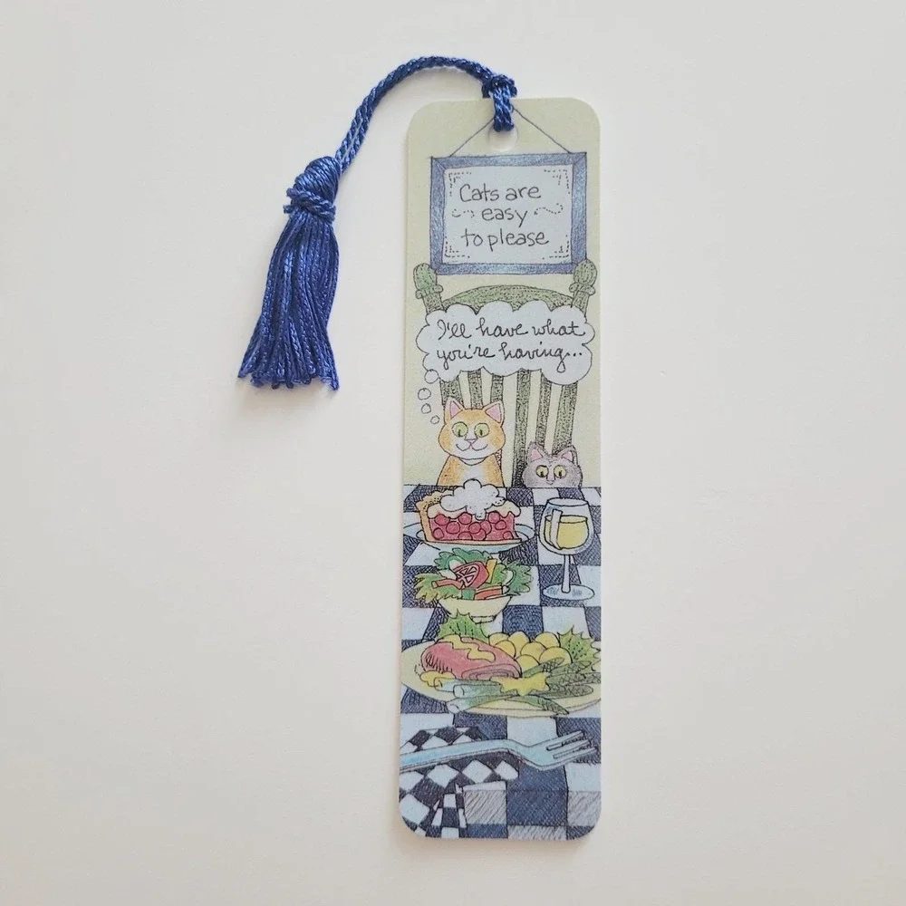 Vintage 90s Cats Easy To Please Tassel Bookmark 1992 Susan Sturgill, Antioch USA